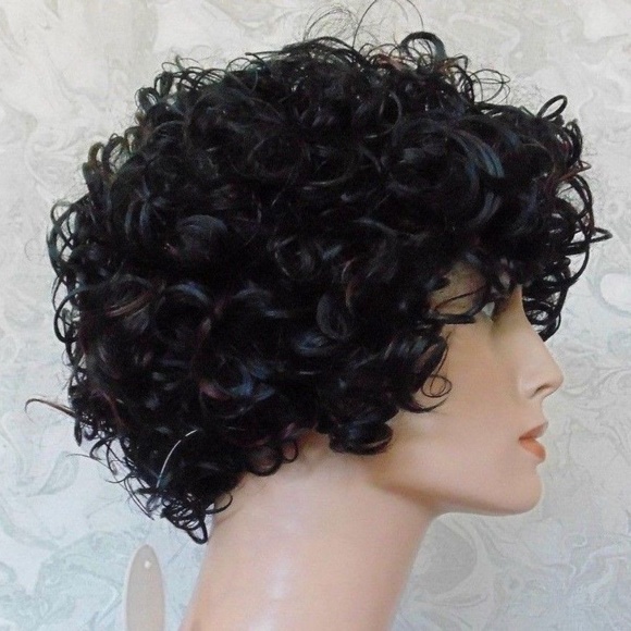 Short Curly Black Brown Highlighted Heat OK Wig main image 8